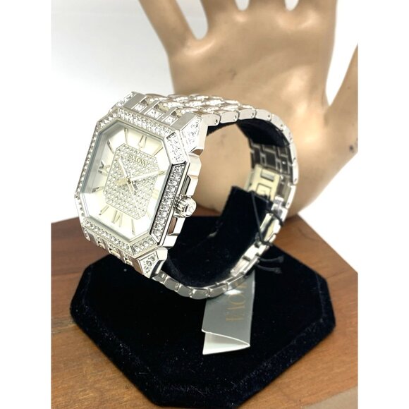 Bulova Men's Watch 96A285 Octava Quartz Crystal Pave Silver Stainless Steel 40mm - Picture 2 of 14